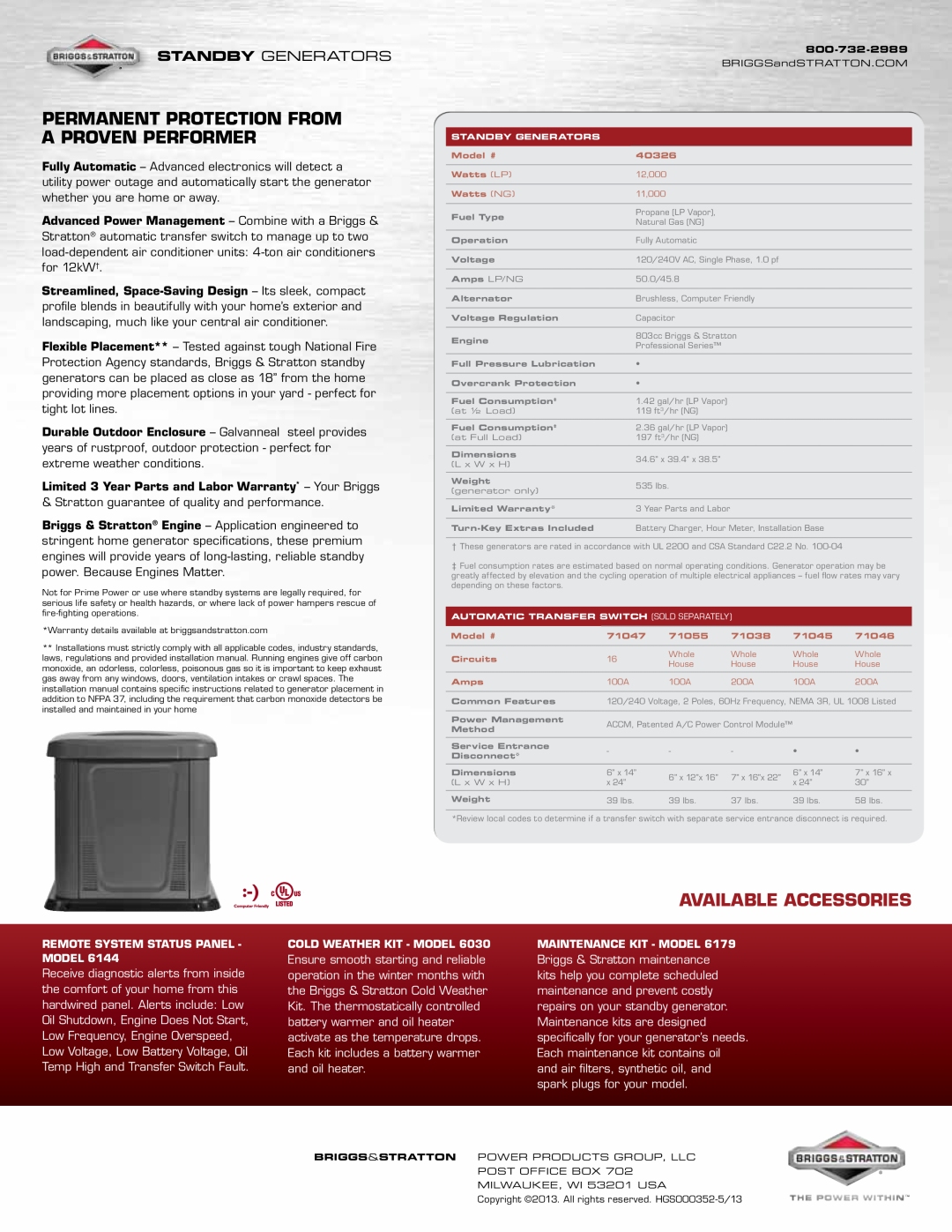 Briggs & Stratton 6144 manual Permanent protection from a proven performer, Available Accessories, STANDBY Generators 