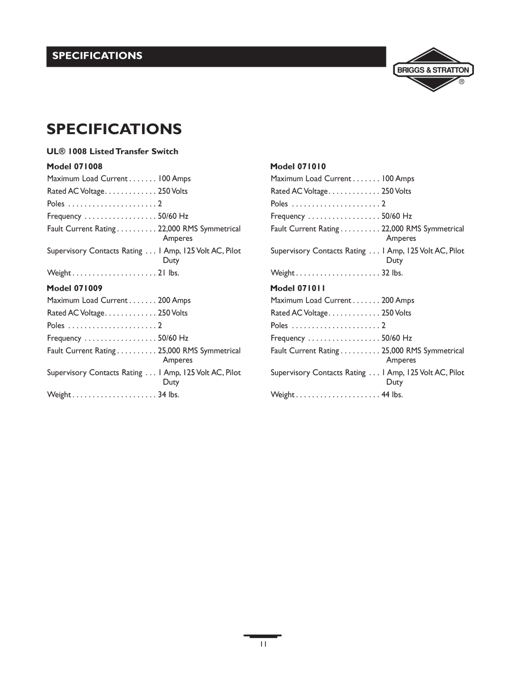 Briggs & Stratton 71011, 71008, 71010, 71009 manual Specifications, UL 1008 Listed Transfer Switch Model 