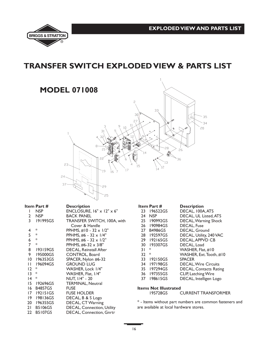 Briggs & Stratton 71008, 71010, 71009 Transfer Switch Exploded View & Parts List, Exploded View and Parts List, Description 