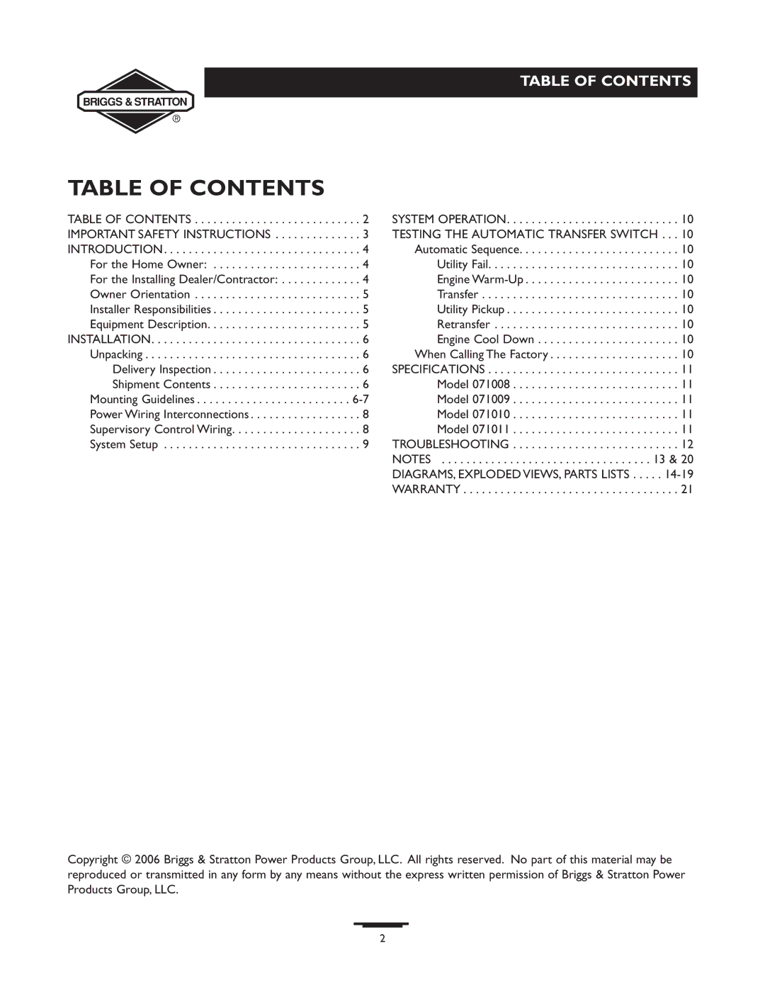 Briggs & Stratton 71009, 71008, 71010, 71011 manual Table of Contents 