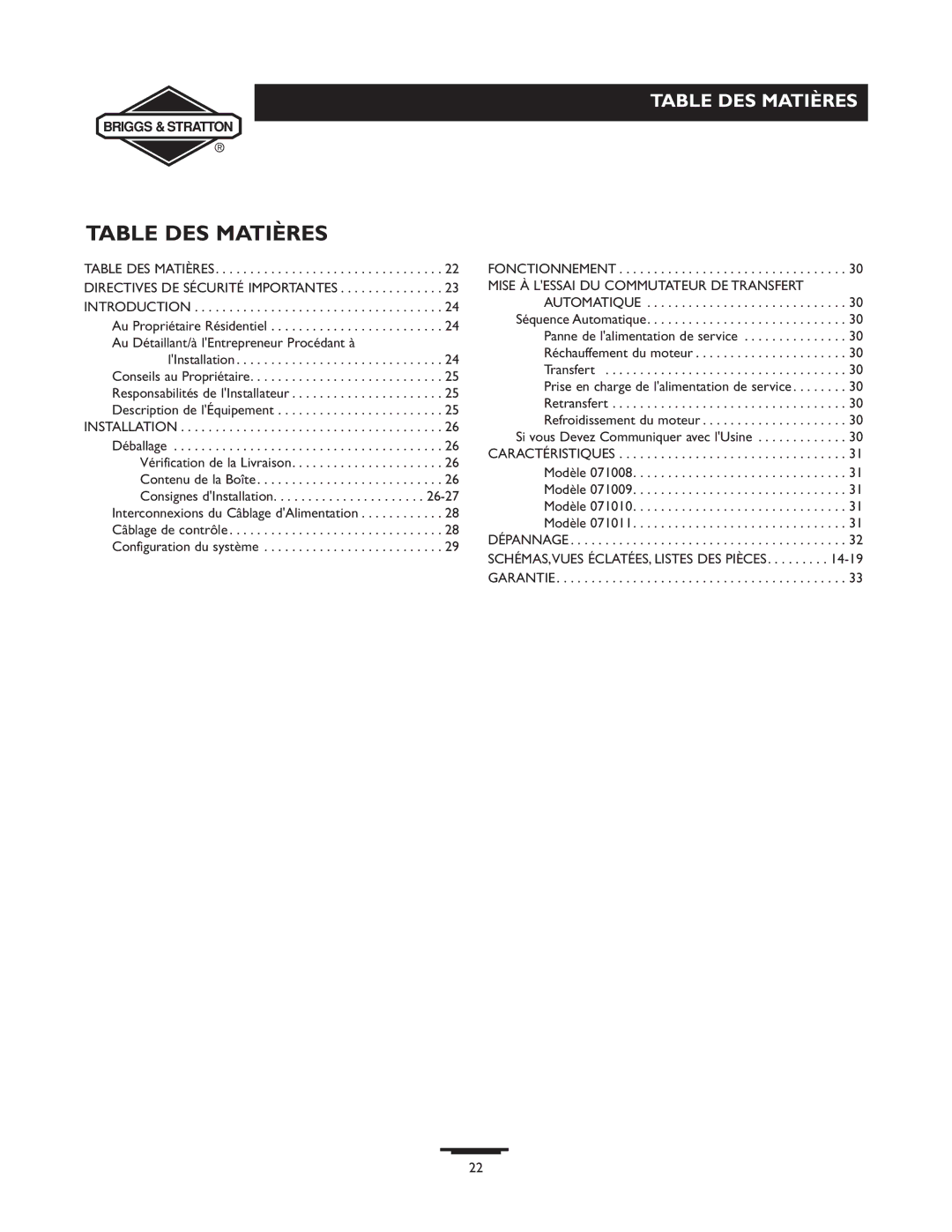 Briggs & Stratton 71009, 71008, 71010, 71011 manual Table DES Matières 