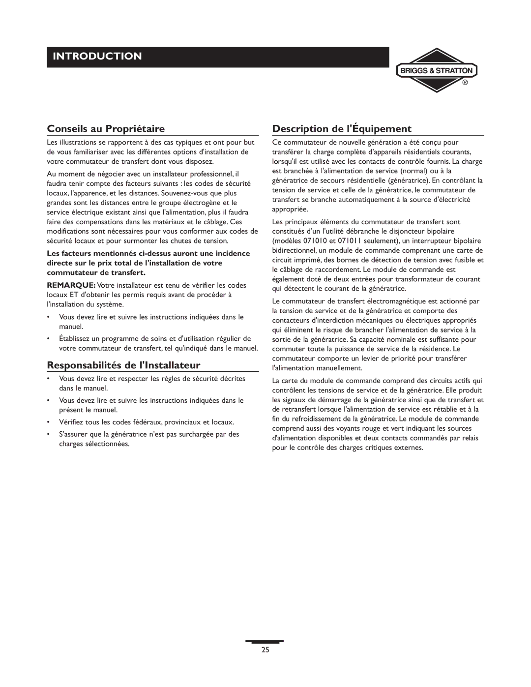 Briggs & Stratton 71010, 71008 manual Conseils au Propriétaire, Responsabilités de lInstallateur, Description de lÉquipement 