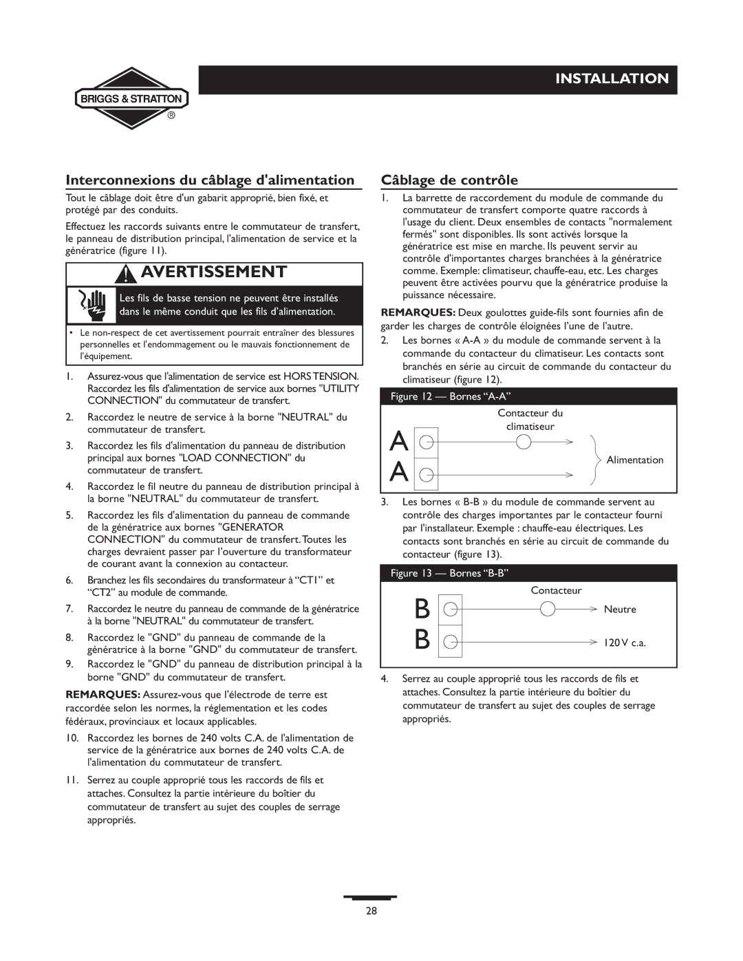 Briggs & Stratton 71008, 71010, 71009, 71011 manual Interconnexions du câblage dalimentation, Câblage de contrôle 