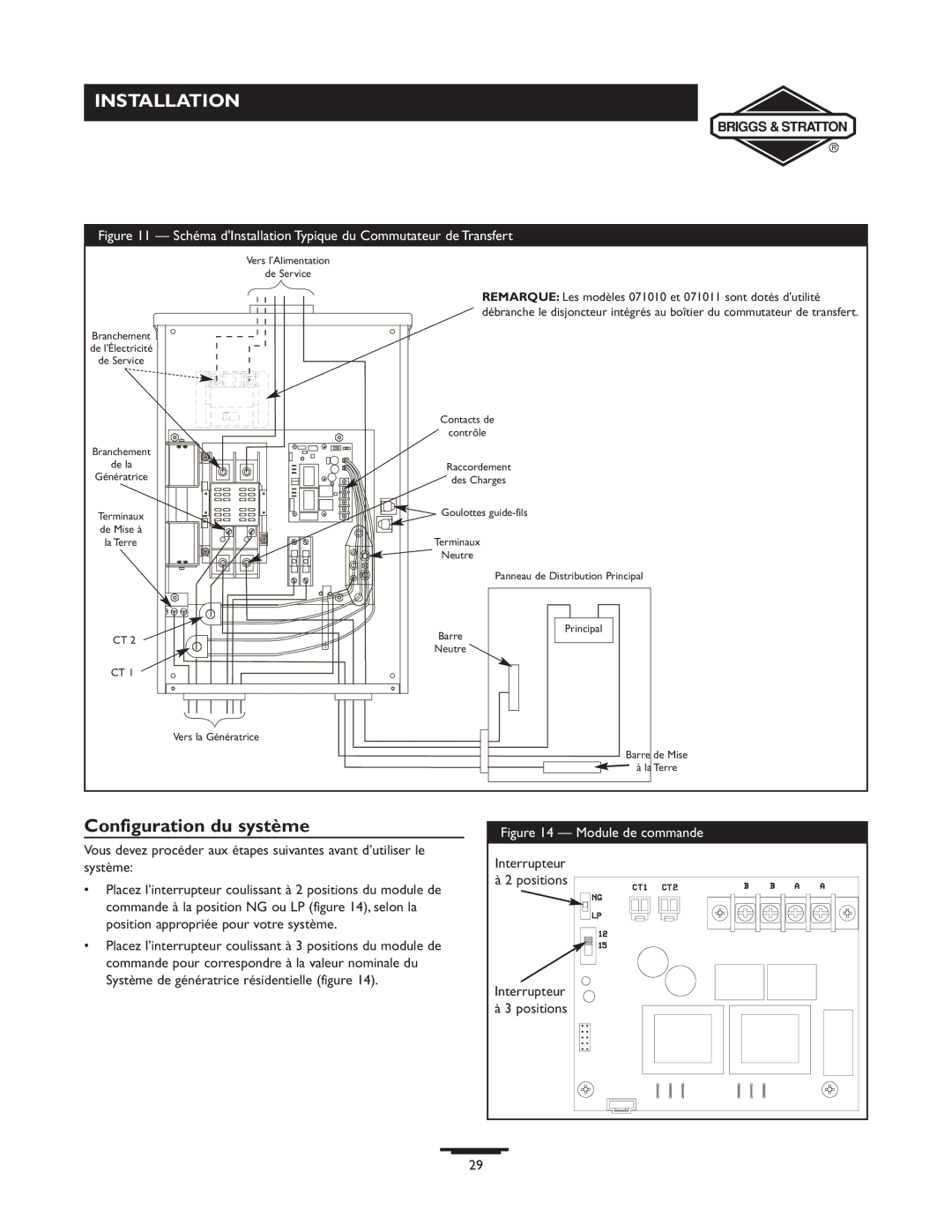 Briggs & Stratton 71010, 71008, 71009 Configuration du système, Schéma dInstallation Typique du Commutateur de Transfert 