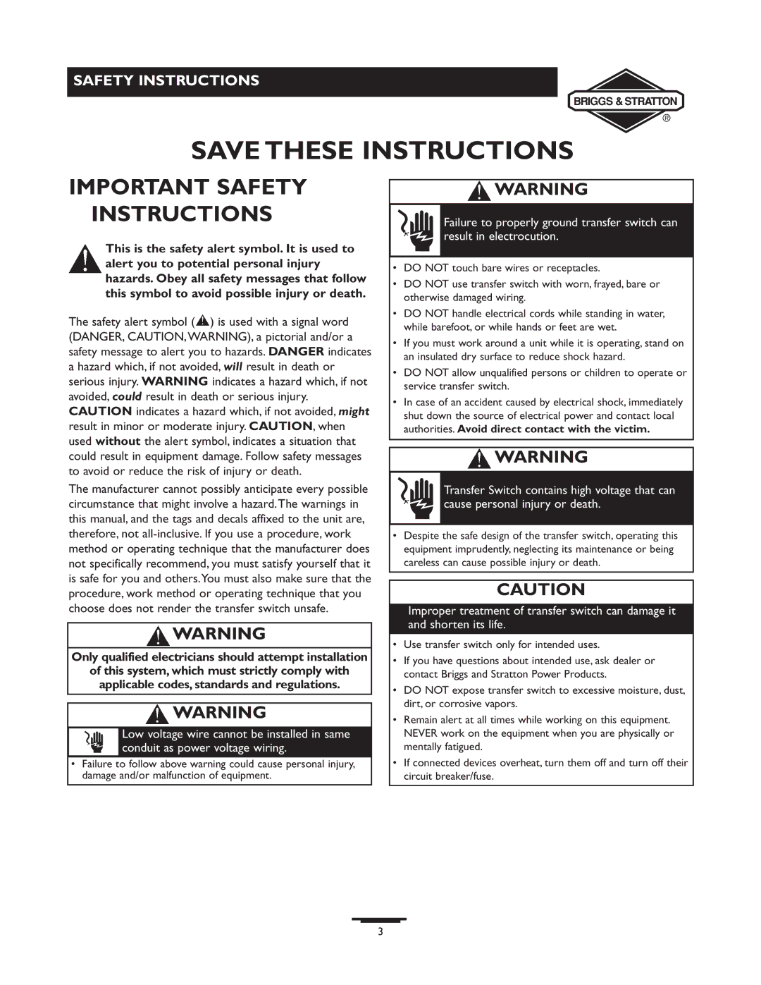 Briggs & Stratton 71011, 71008 manual Important Safety Instructions, Only qualified electricians should attempt installation 