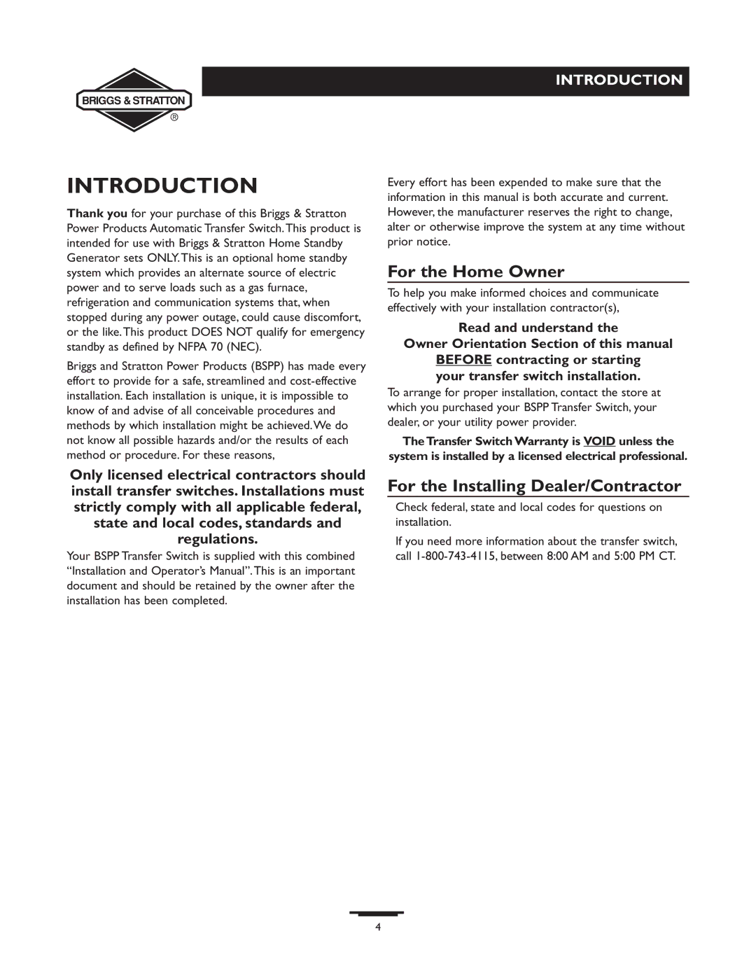 Briggs & Stratton 71008, 71010, 71009, 71011 manual Introduction, For the Home Owner, For the Installing Dealer/Contractor 