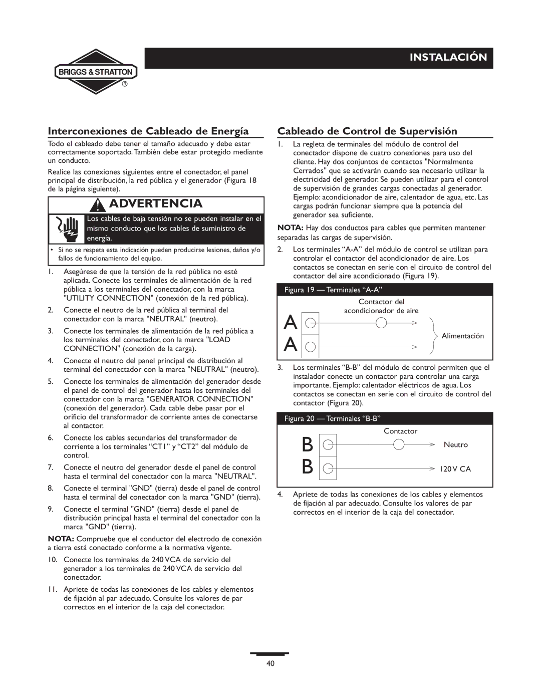 Briggs & Stratton 71008, 71010, 71009, 71011 manual Interconexiones de Cableado de Energía, Cableado de Control de Supervisión 