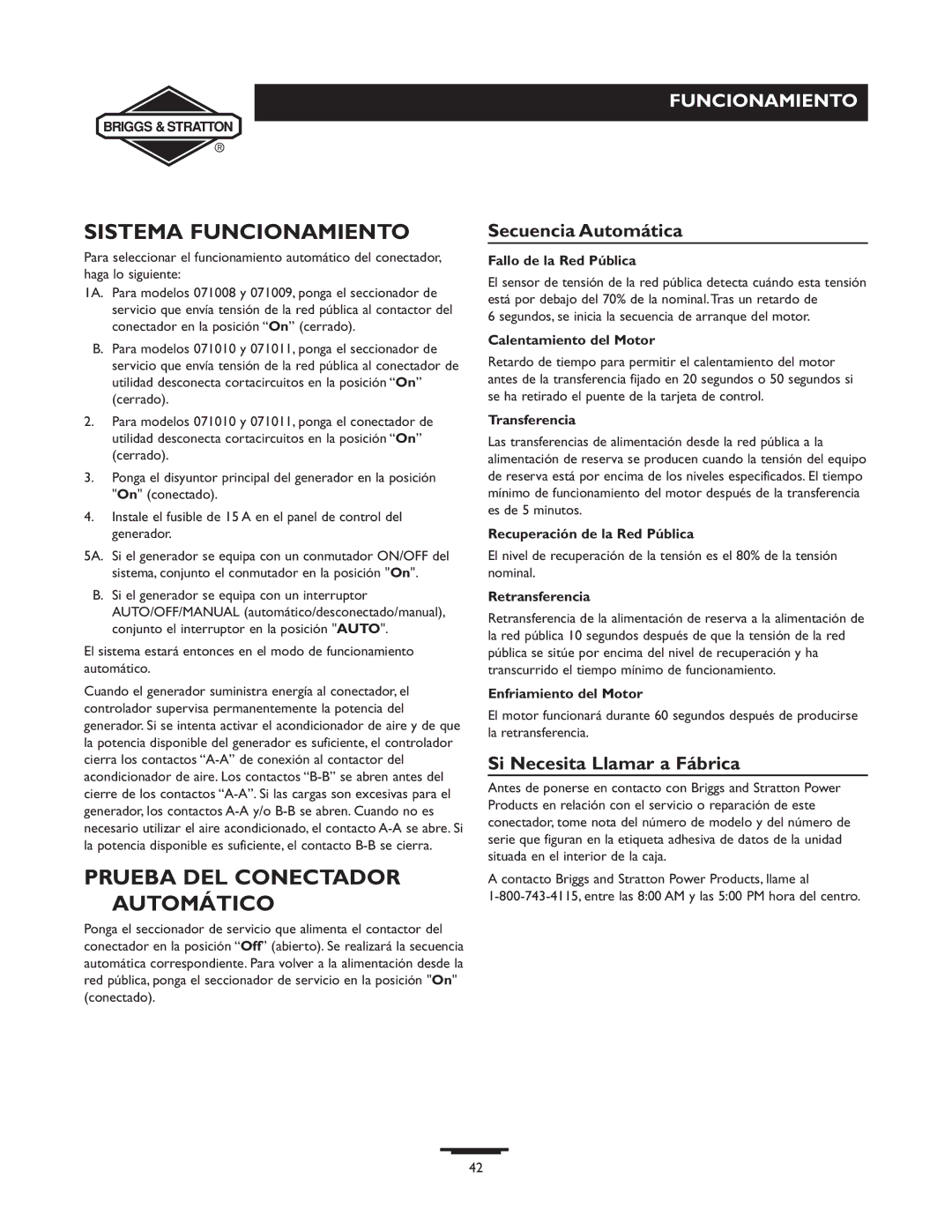 Briggs & Stratton 71009, 71008, 71010, 71011 Sistema Funcionamiento, Prueba DEL Conectador Automático, Secuencia Automática 