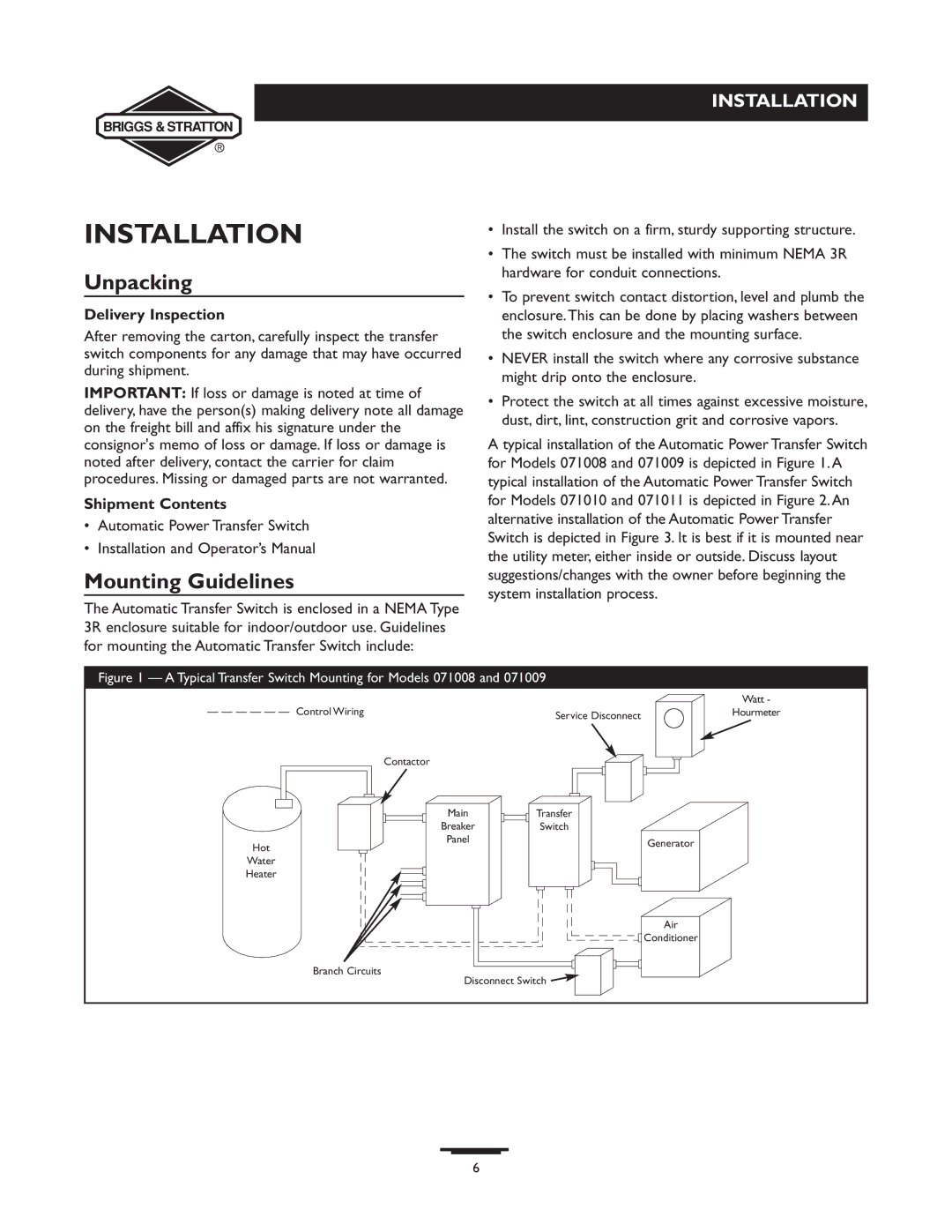 Briggs & Stratton 71009, 71008, 71010, 71011 manual Installation, Unpacking, Mounting Guidelines 