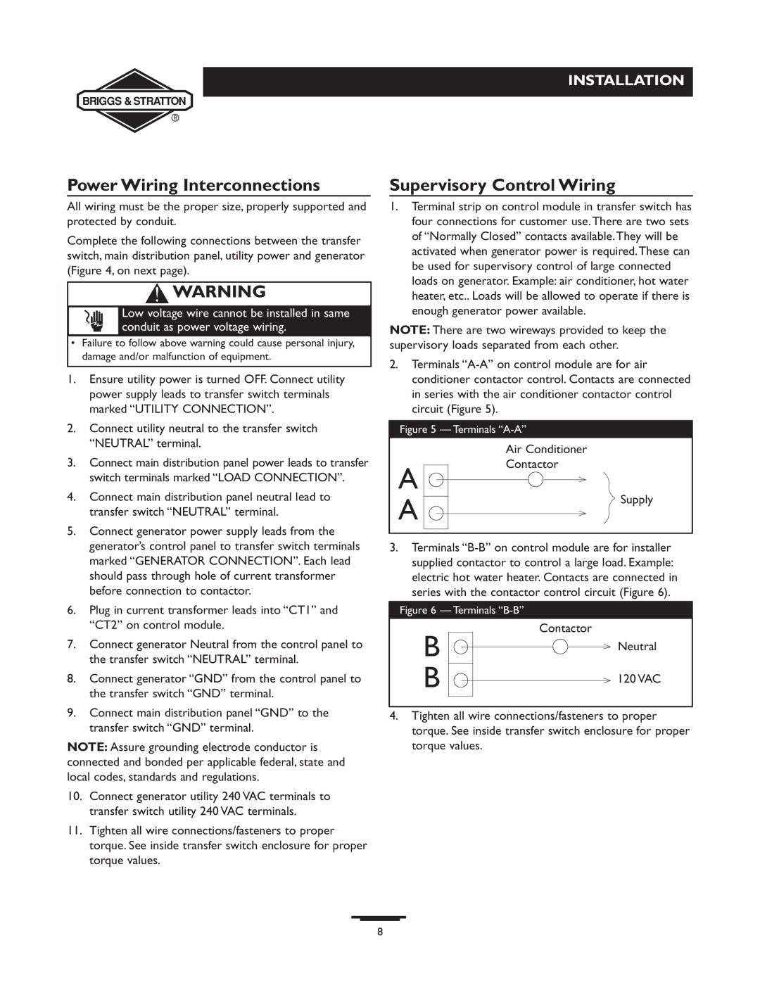 Briggs & Stratton 71008, 71010, 71009, 71011 manual Power Wiring Interconnections, Supervisory Control Wiring 