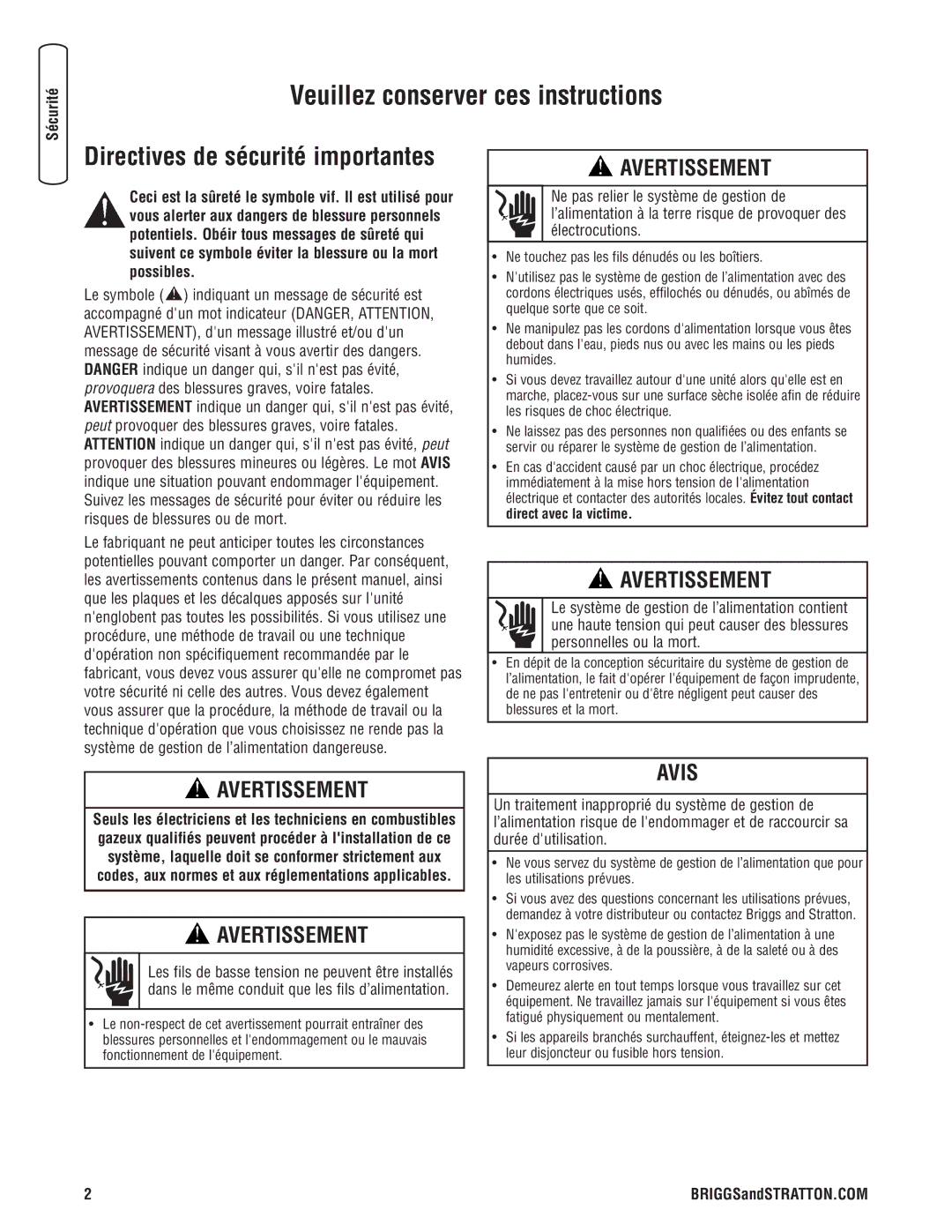 Briggs & Stratton 71013 manual Directives de sécurité importantes, Sécurité, Instalación FonctionnementCommandes 