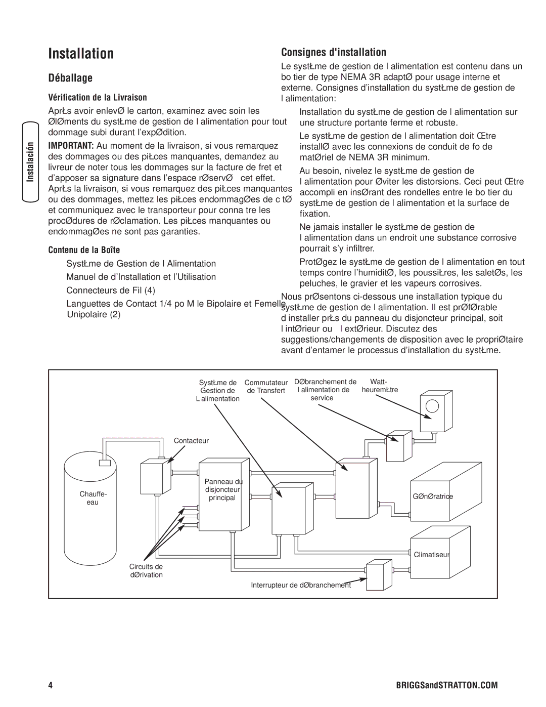 Briggs & Stratton 71013 Déballage, Consignes dinstallation, Sécurité Instalación Commandes, Vérification de la Livraison 