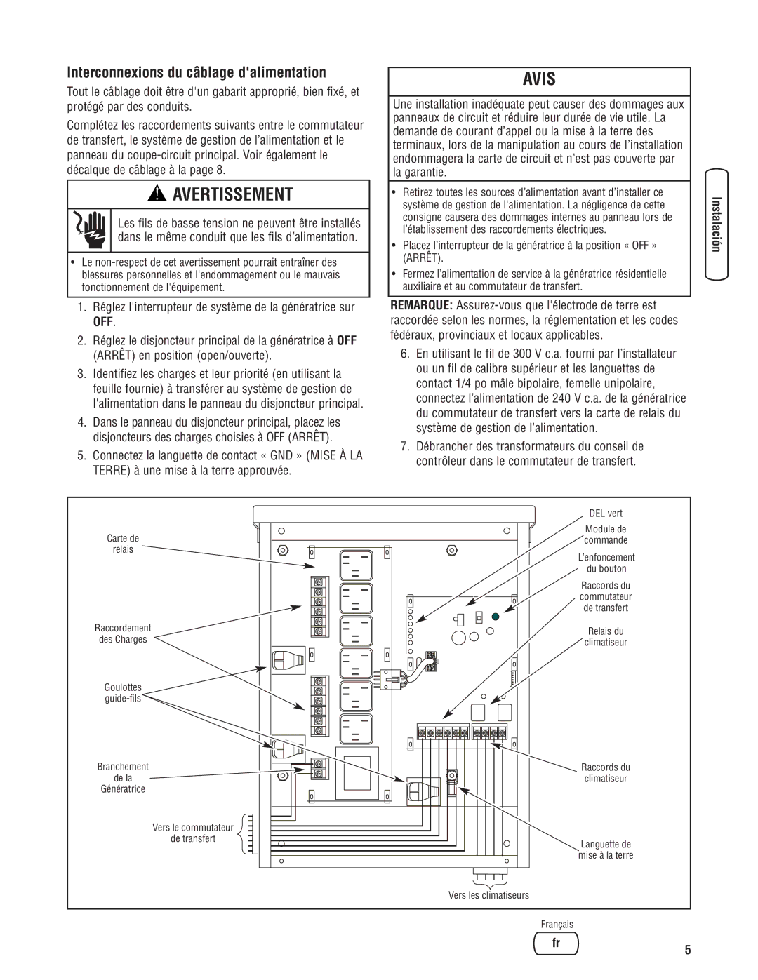 Briggs & Stratton 71013 manual Interconnexions du câblage dalimentation, Sécurité Instalación 