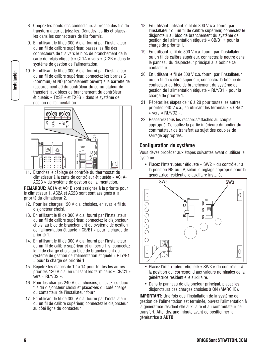 Briggs & Stratton 71013 manual Configuration du système, Commandes Fonctionnement 