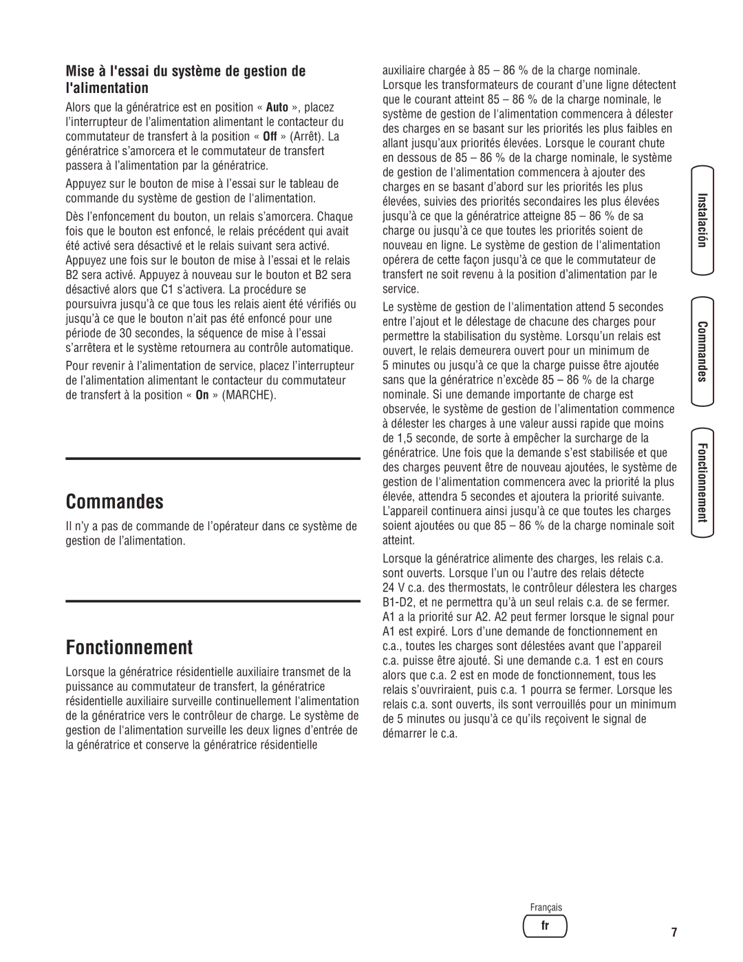 Briggs & Stratton 71013 manual Commandes, Fonctionnement, Mise à lessai du système de gestion de lalimentation 