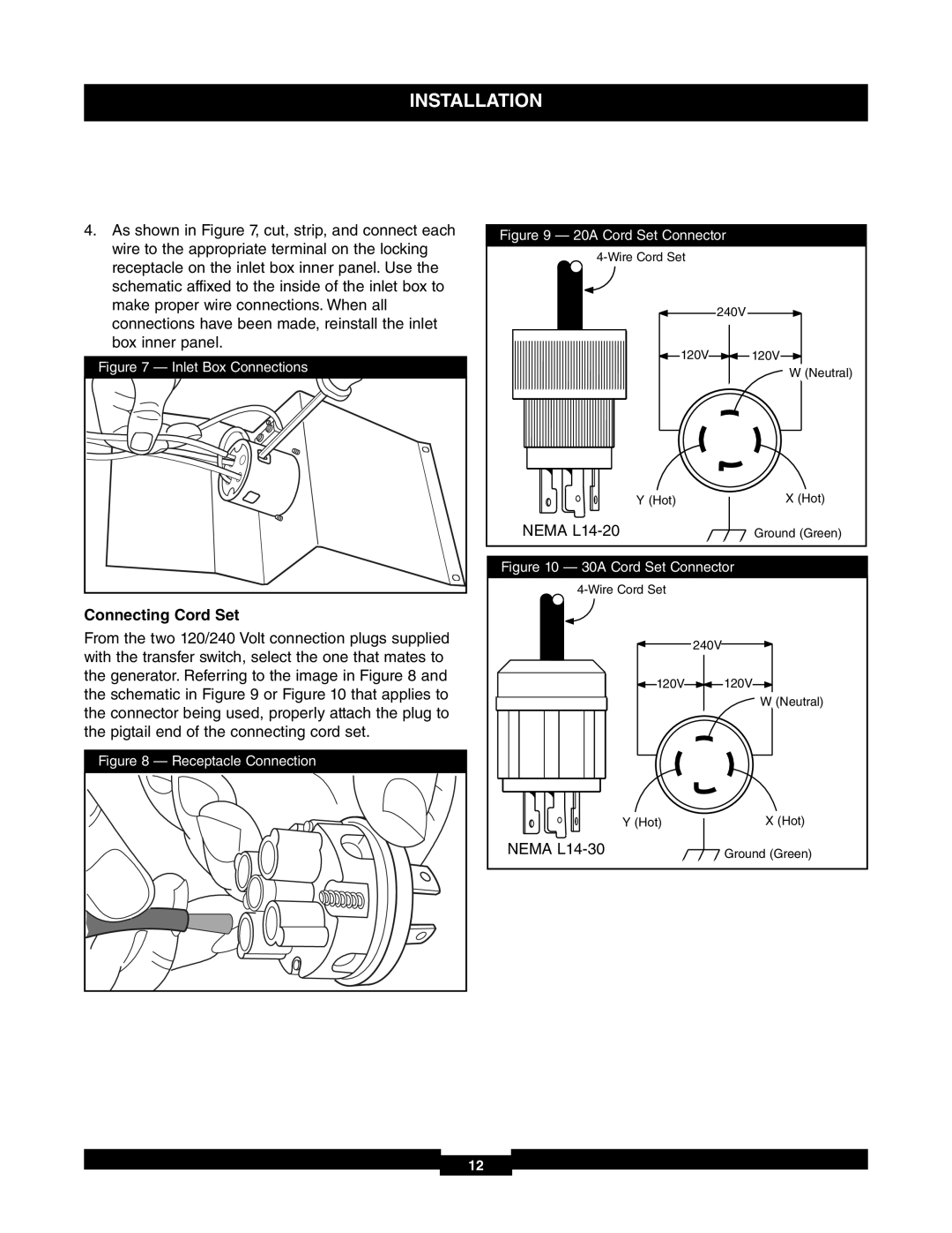 Briggs & Stratton 71017, 30A NEMA 1 manual Connecting Cord Set, Inlet Box Connections 