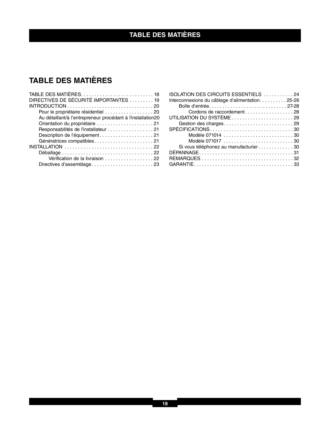 Briggs & Stratton 71017, 30A NEMA 1 manual Table DES Matières 