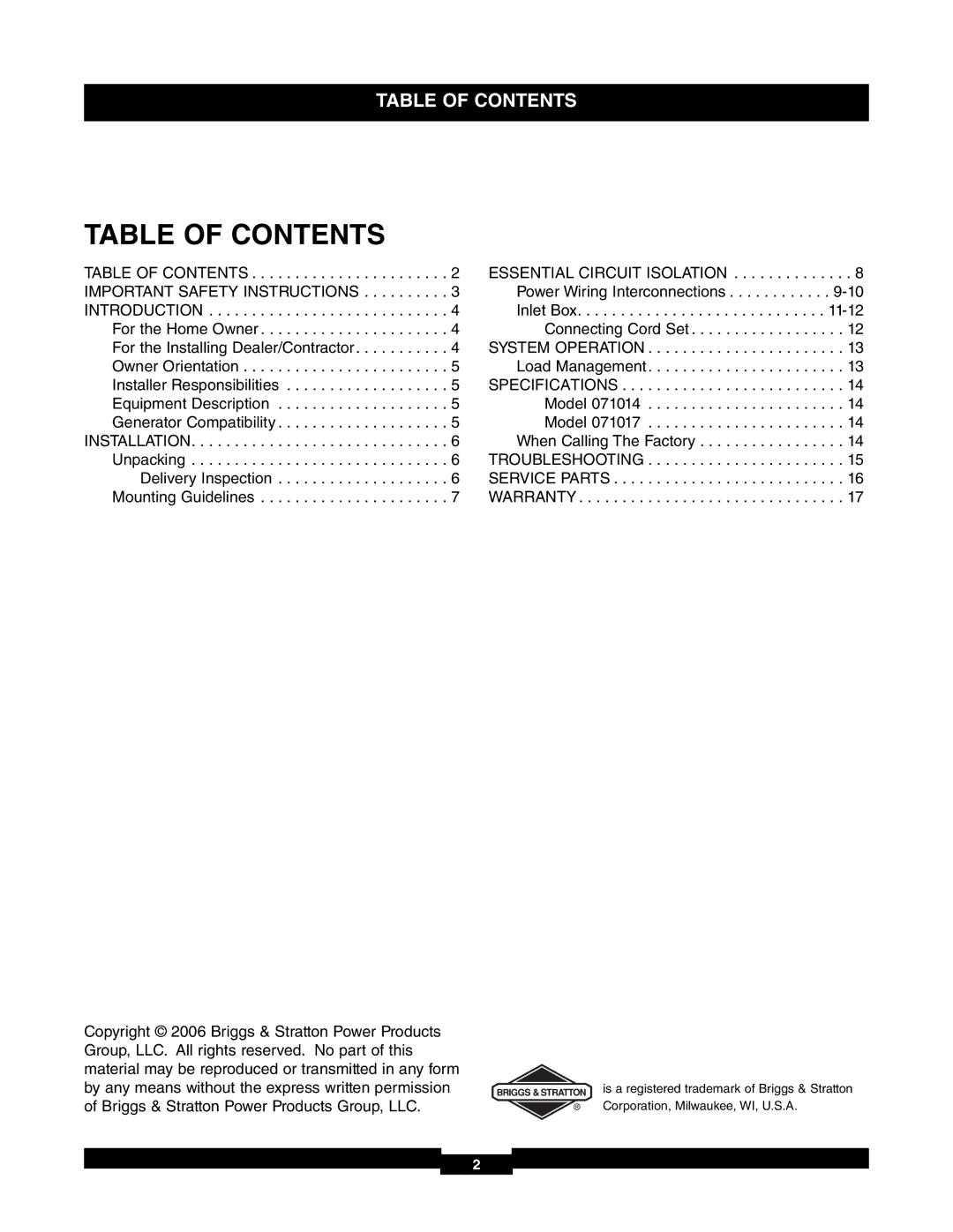 Briggs & Stratton 71017, 30A NEMA 1 manual Table of Contents 