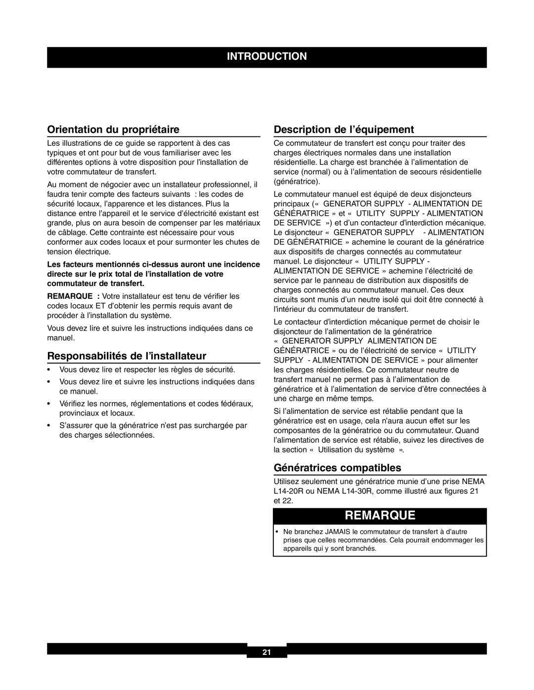 Briggs & Stratton 30A NEMA 1 Orientation du propriétaire, Responsabilités de l’installateur, Description de l’équipement 