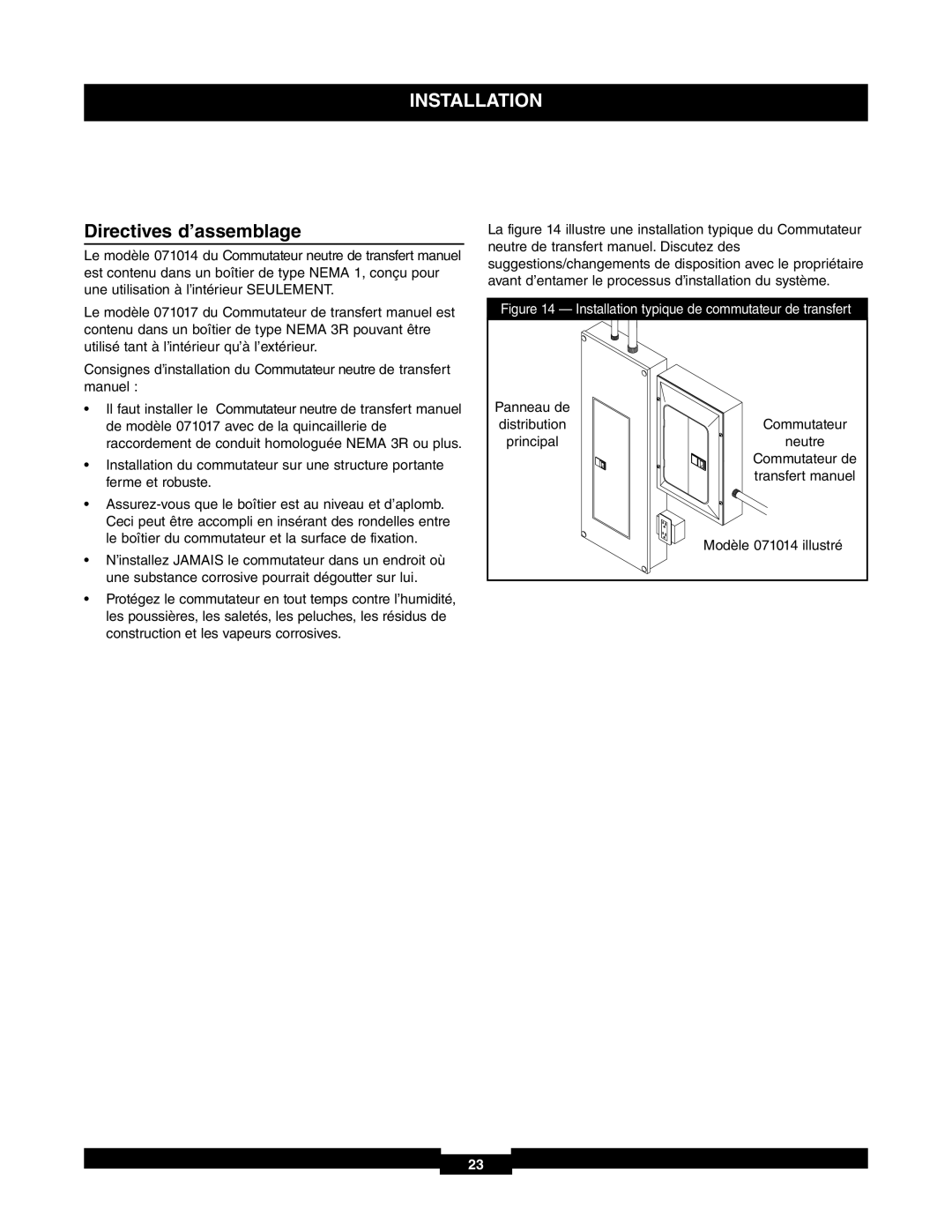 Briggs & Stratton 30A NEMA 1, 71017 manual Directives d’assemblage, Installation typique de commutateur de transfert 