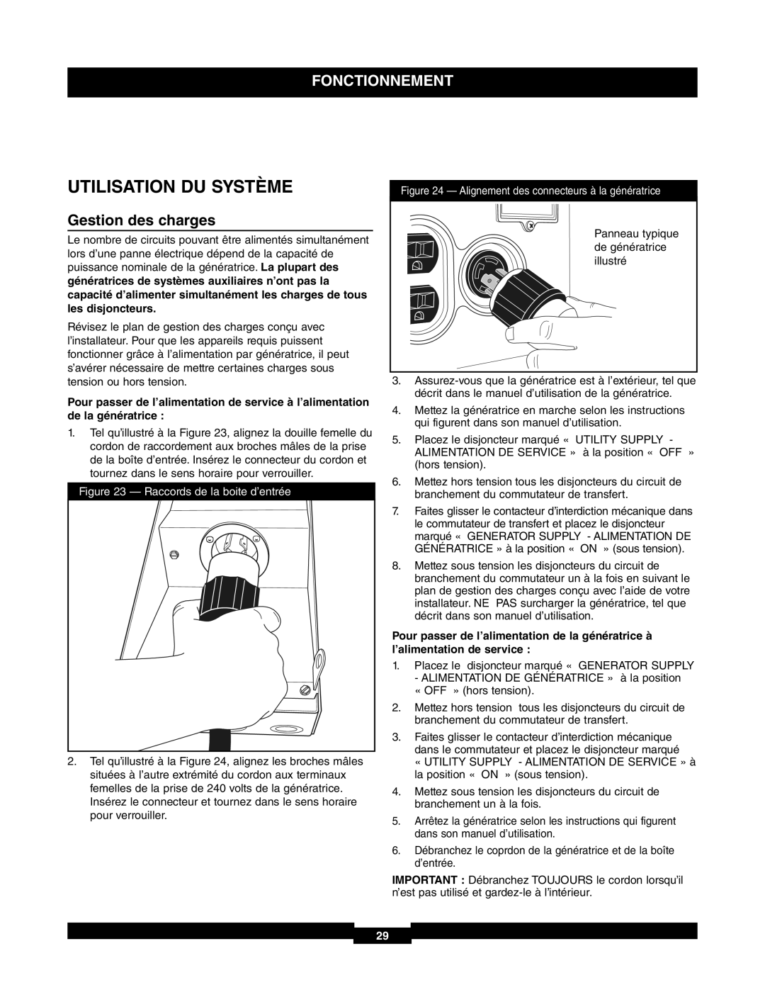 Briggs & Stratton 30A NEMA 1, 71017 manual Utilisation DU Système, Gestion des charges 