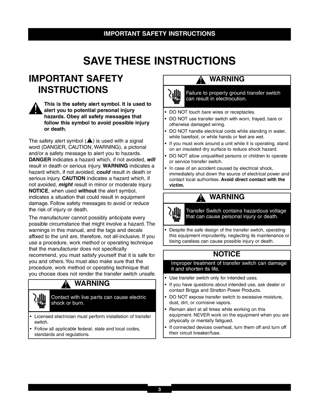 Briggs & Stratton 30A NEMA 1 manual Important Safety Instructions, Contact with live parts can cause electric shock or burn 