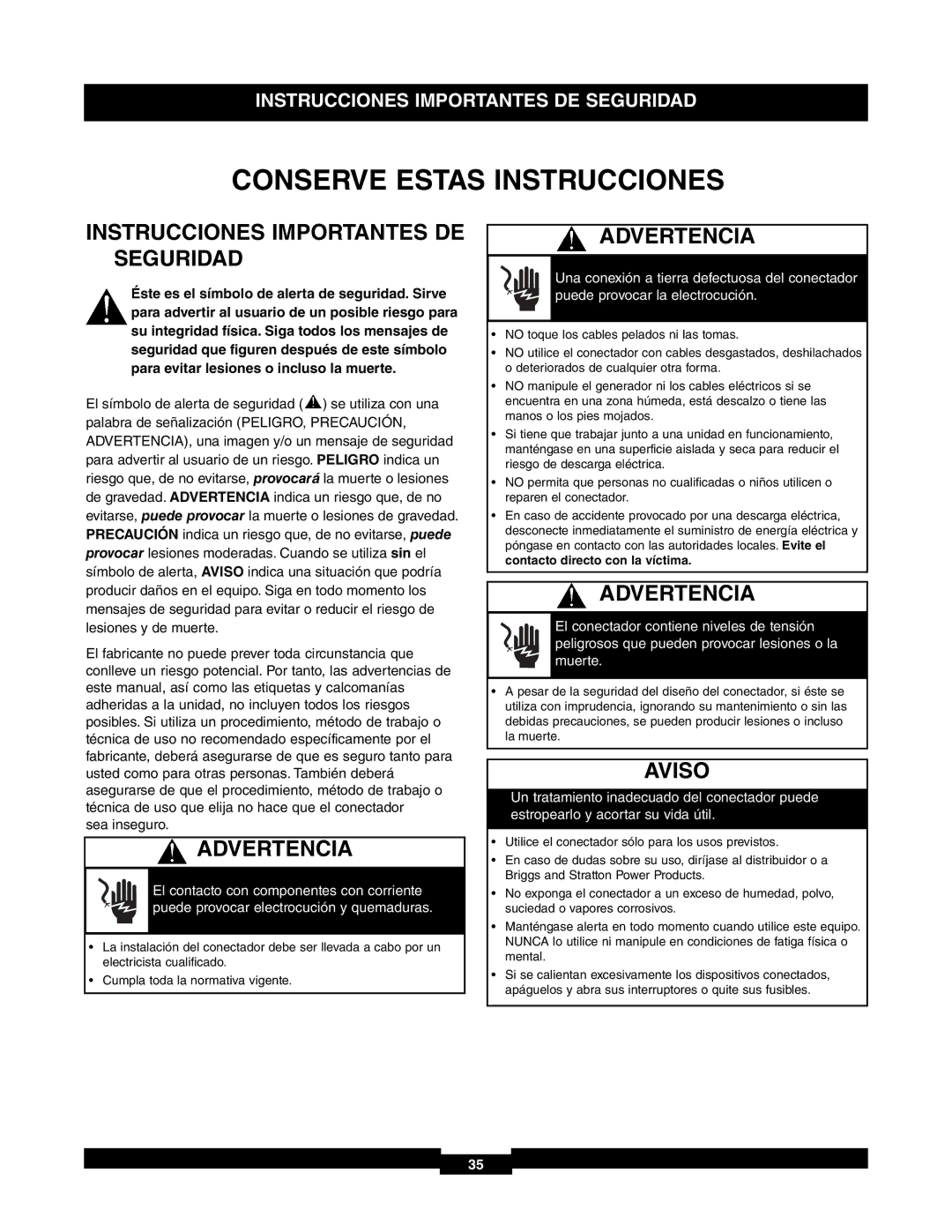 Briggs & Stratton 30A NEMA 1 Conserve Estas Instrucciones, Instrucciones Importantes DE Seguridad, Advertencia, Aviso 