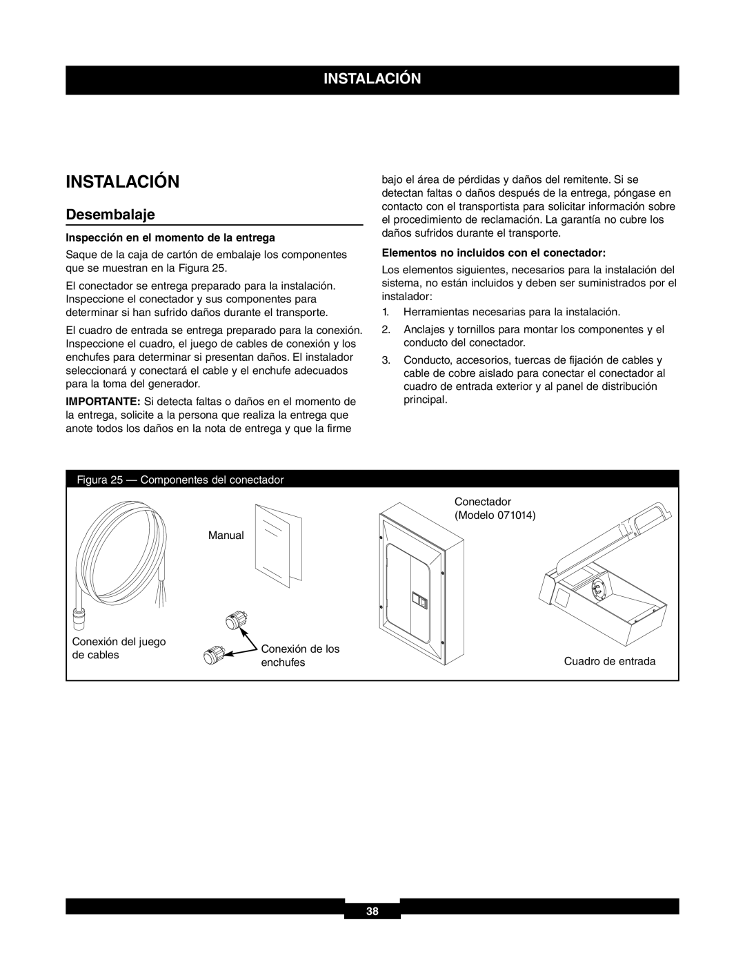 Briggs & Stratton 71017, 30A NEMA 1 manual Instalación, Desembalaje, Inspección en el momento de la entrega 