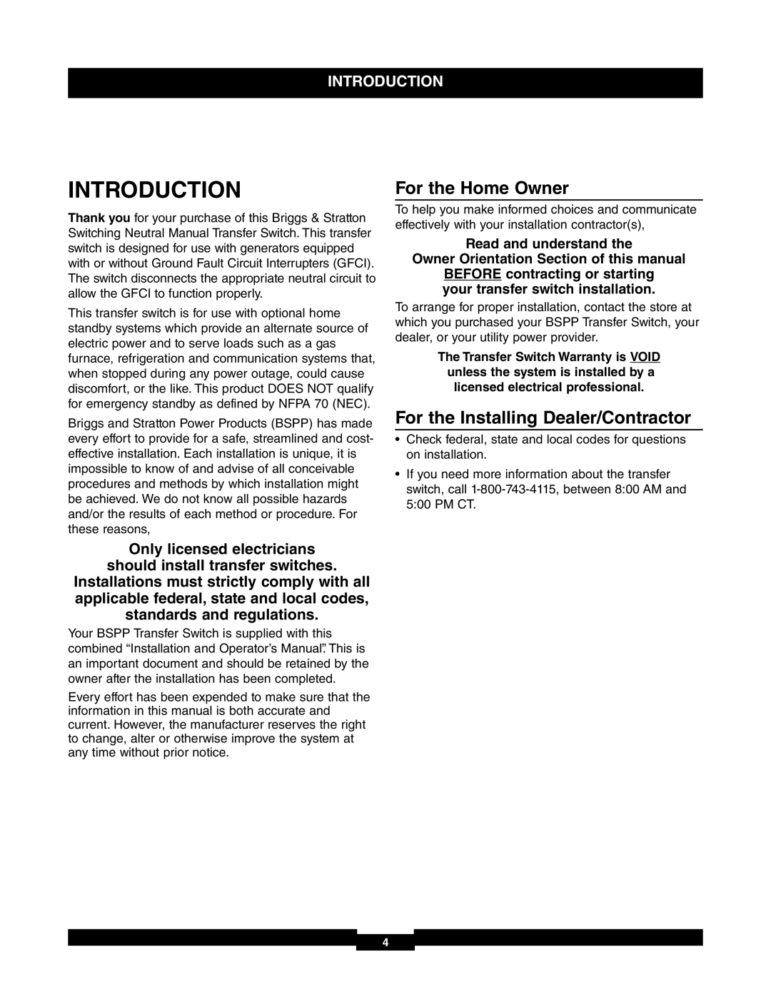 Briggs & Stratton 71017, 30A NEMA 1 manual Introduction, For the Home Owner, For the Installing Dealer/Contractor 