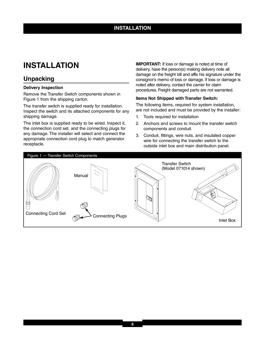 Briggs & Stratton 71017, 30A NEMA 1 Installation, Unpacking, Delivery Inspection, Items Not Shipped with Transfer Switch 