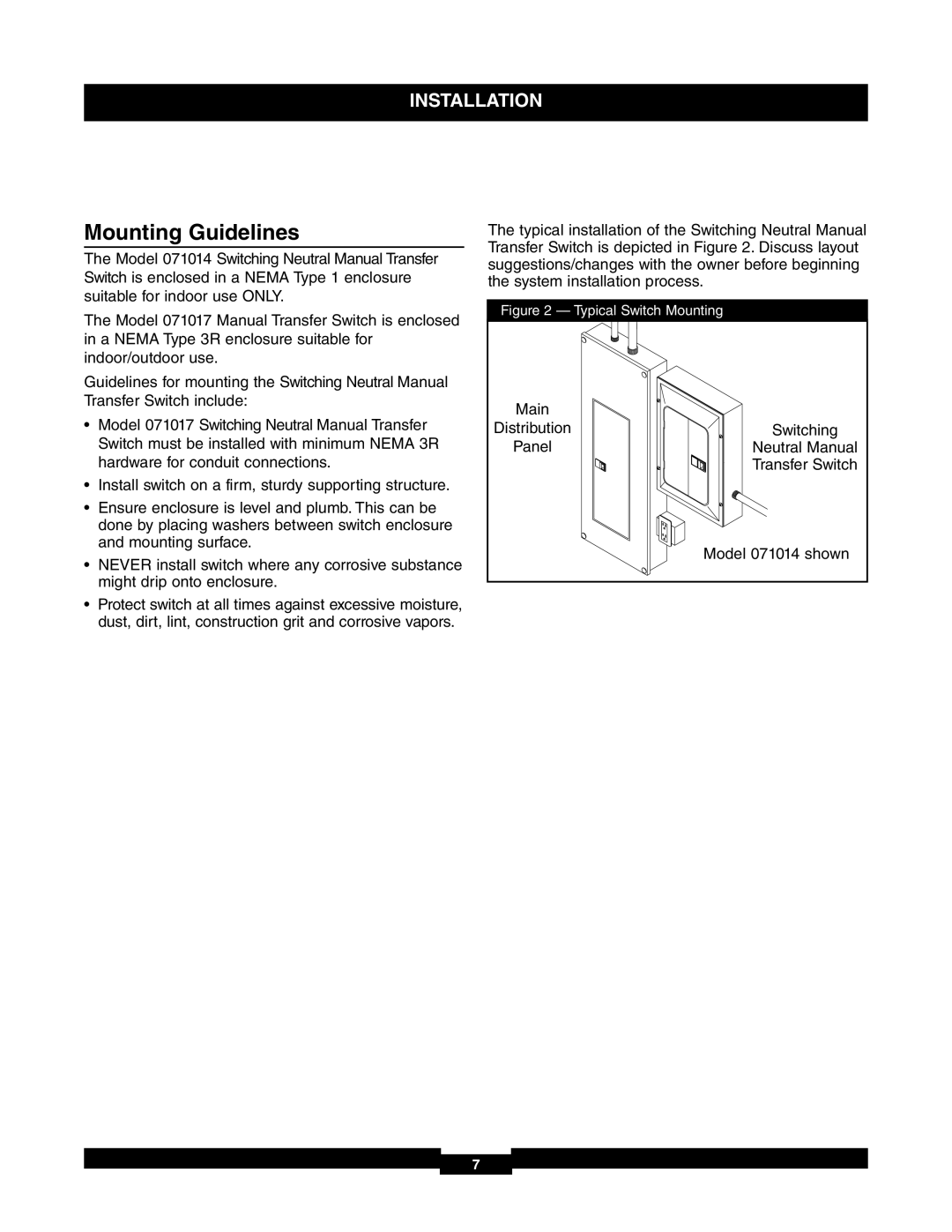 Briggs & Stratton 30A NEMA 1, 71017 manual Mounting Guidelines, Typical Switch Mounting 