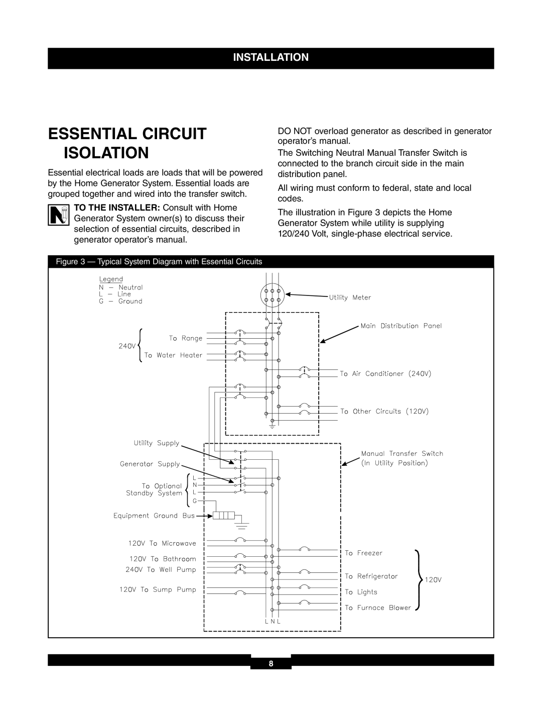 Briggs & Stratton 71017, 30A NEMA 1 manual Essential Circuit Isolation, Typical System Diagram with Essential Circuits 