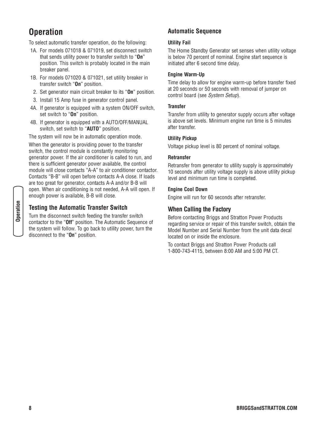 Briggs & Stratton 71019 Operation, Testing the Automatic Transfer Switch, Automatic Sequence, When Calling the Factory 