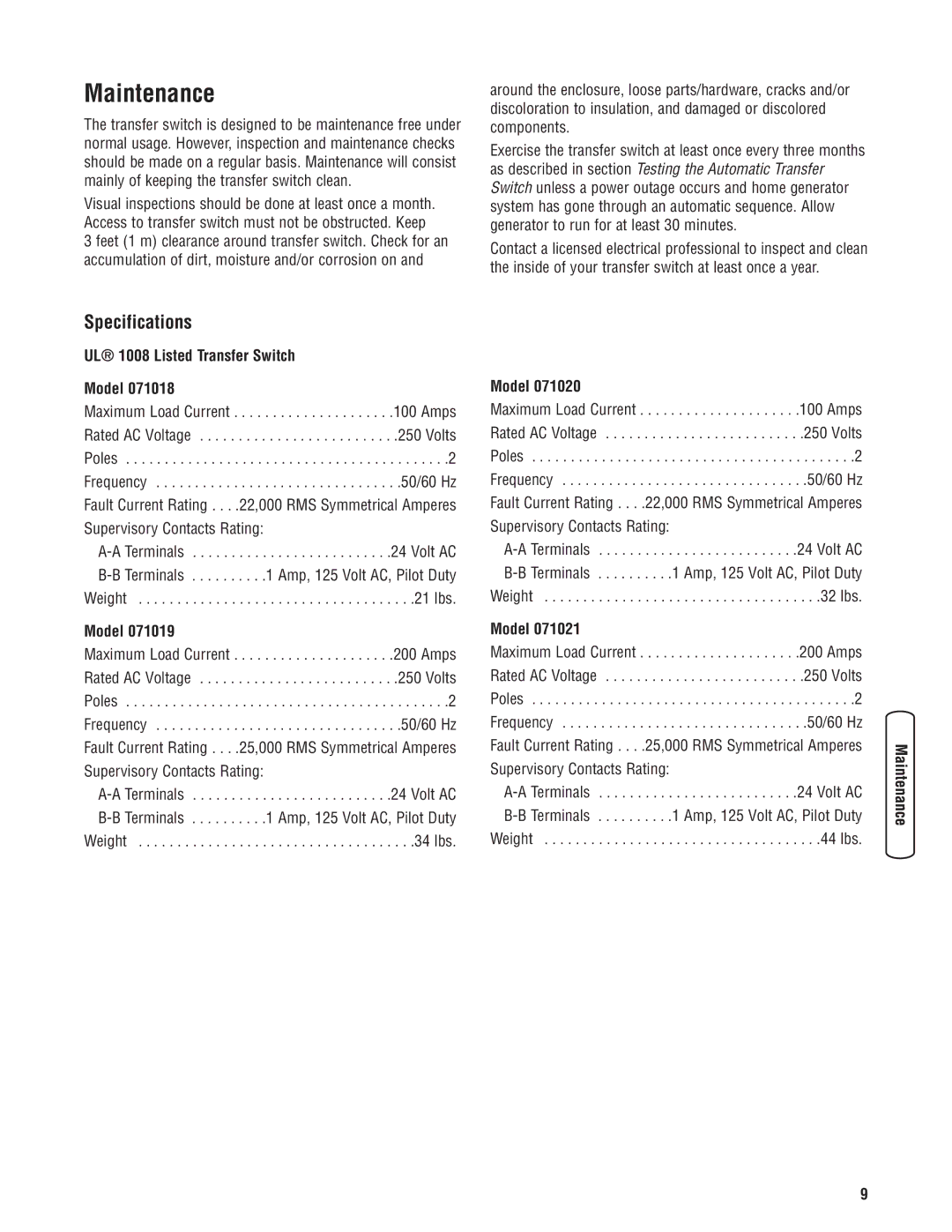 Briggs & Stratton 71018 Maintenance, Specifications, UL 1008 Listed Transfer Switch Model, Supervisory Contacts Rating 