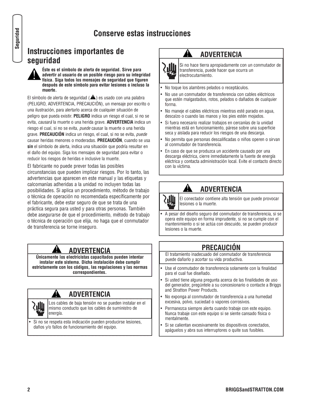 Briggs & Stratton 71021, 71020, 71019, 71018 manual Conserve estas instrucciones, Instrucciones importantes de seguridad 