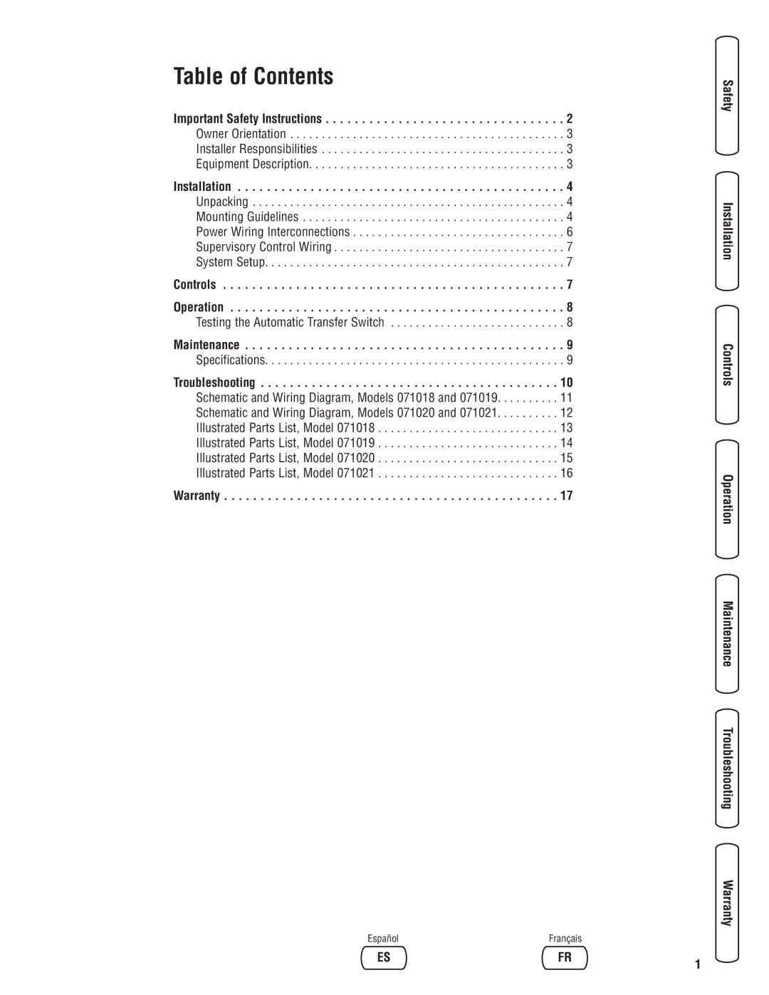 Briggs & Stratton 71018, 71021, 71020, 71019 manual Table of Contents 