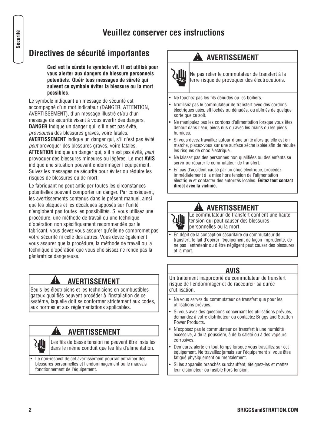 Briggs & Stratton 71019, 71021, 71020 Veuillez conserver ces instructions, Directives de sécurité importantes, Sécurité 