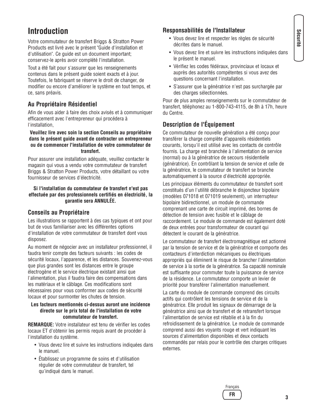 Briggs & Stratton 71018 Introduction, Au Propriétaire Résidentiel, Conseils au Propriétaire, Description de lÉquipement 