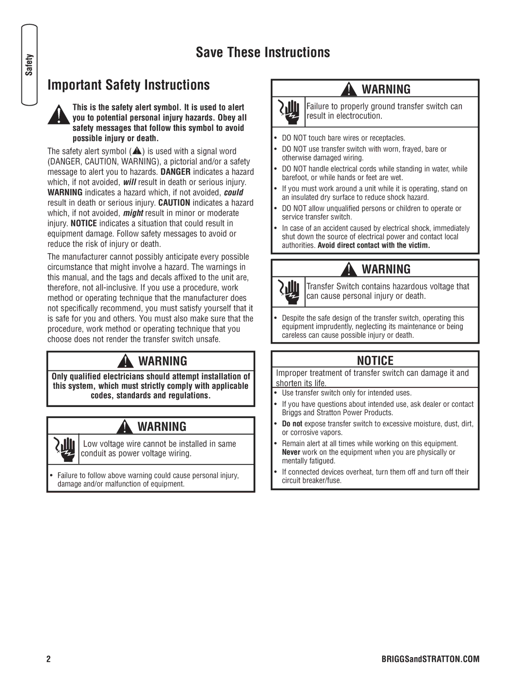 Briggs & Stratton 71021, 71020, 71019, 71018 manual Important Safety Instructions 