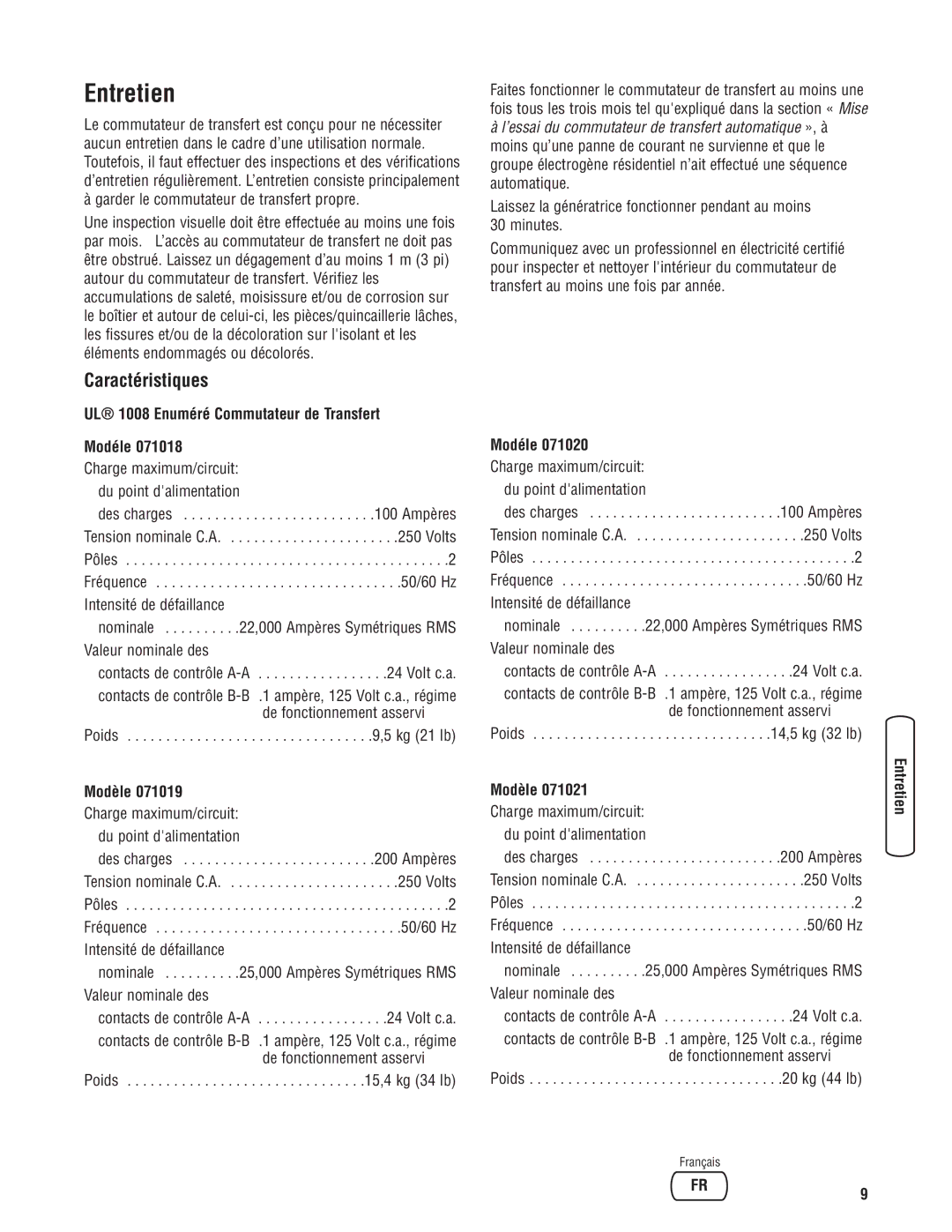 Briggs & Stratton 71020, 71021, 71019 Entretien, Caractéristiques, UL 1008 Enuméré Commutateur de Transfert Modéle, Modèle 