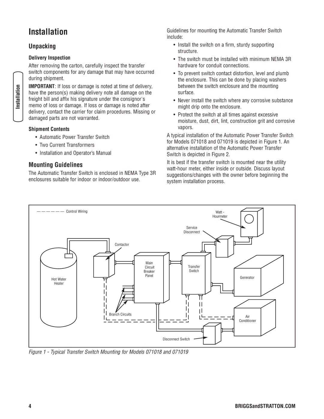 Briggs & Stratton 71019, 71021, 71020 Installation, Unpacking, Mounting Guidelines, Delivery Inspection, Shipment Contents 