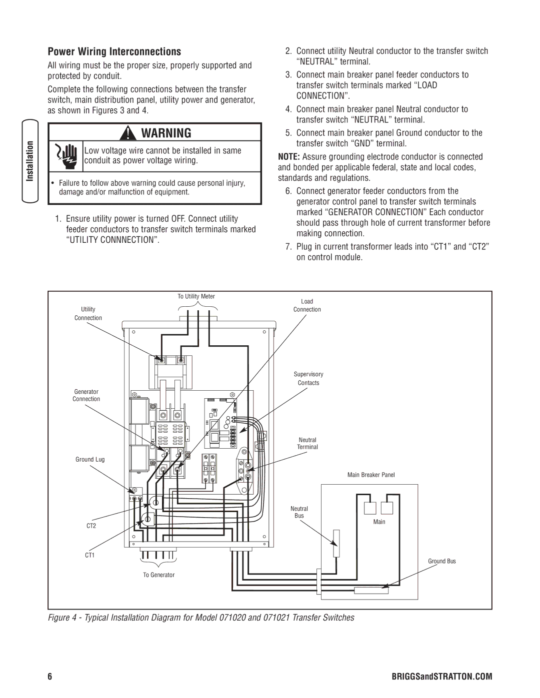 Briggs & Stratton 71021, 71020, 71019, 71018 manual Power Wiring Interconnections, Utility Connnection 