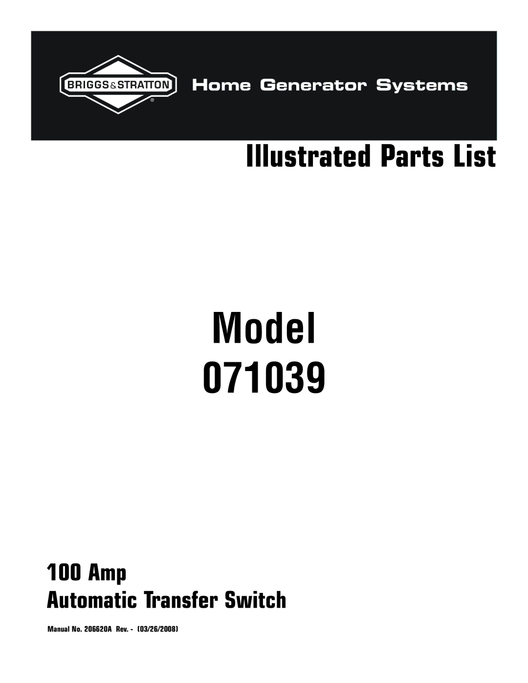 Briggs & Stratton manual Model 071039, Amp Automatic Transfer Switch 