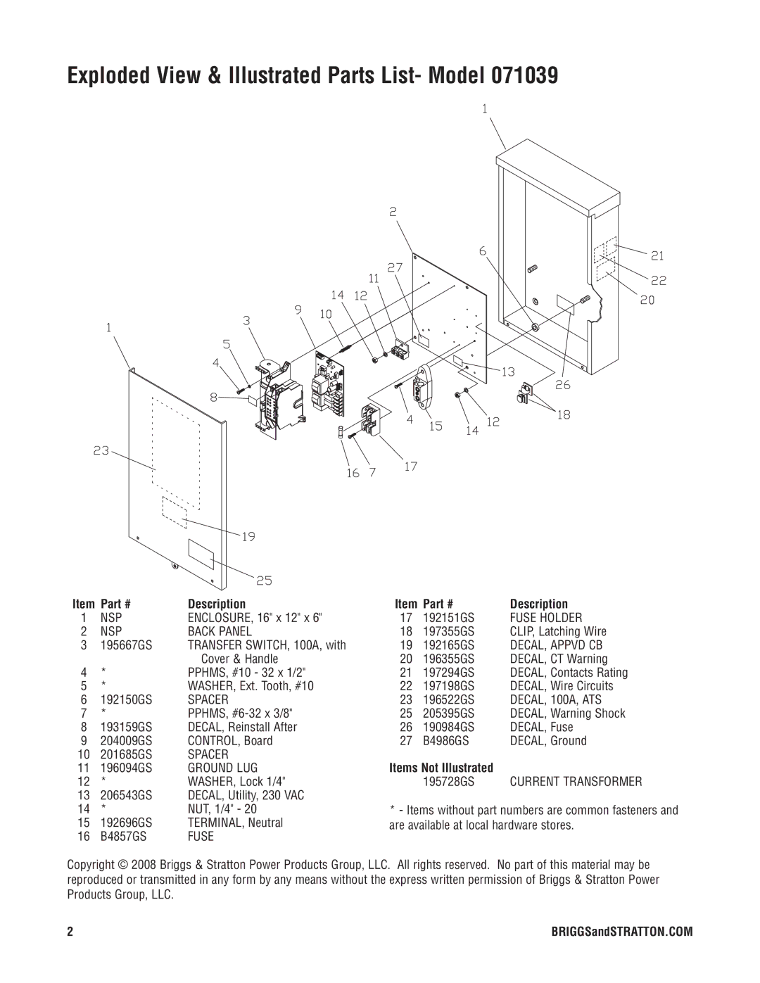 Briggs & Stratton 71039 manual Exploded View & Illustrated Parts List- Model, Description, Items Not Illustrated 