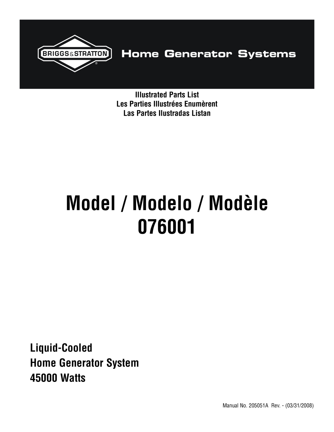 Briggs & Stratton 76001 manual Model / Modelo / Modèle, Liquid-Cooled Home Generator System 45000 Watts 