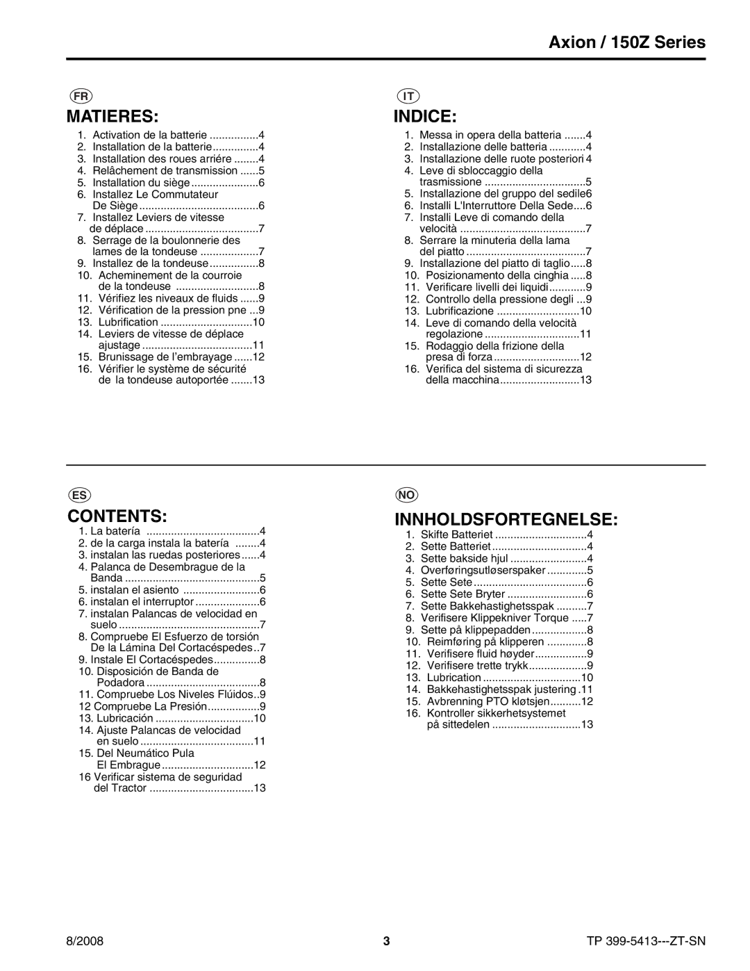 Briggs & Stratton 7800378, 7800376, 7800388, 7800379, 7800391, 7800390 manual Matieresindice, Contents, Innholdsfortegnelse 