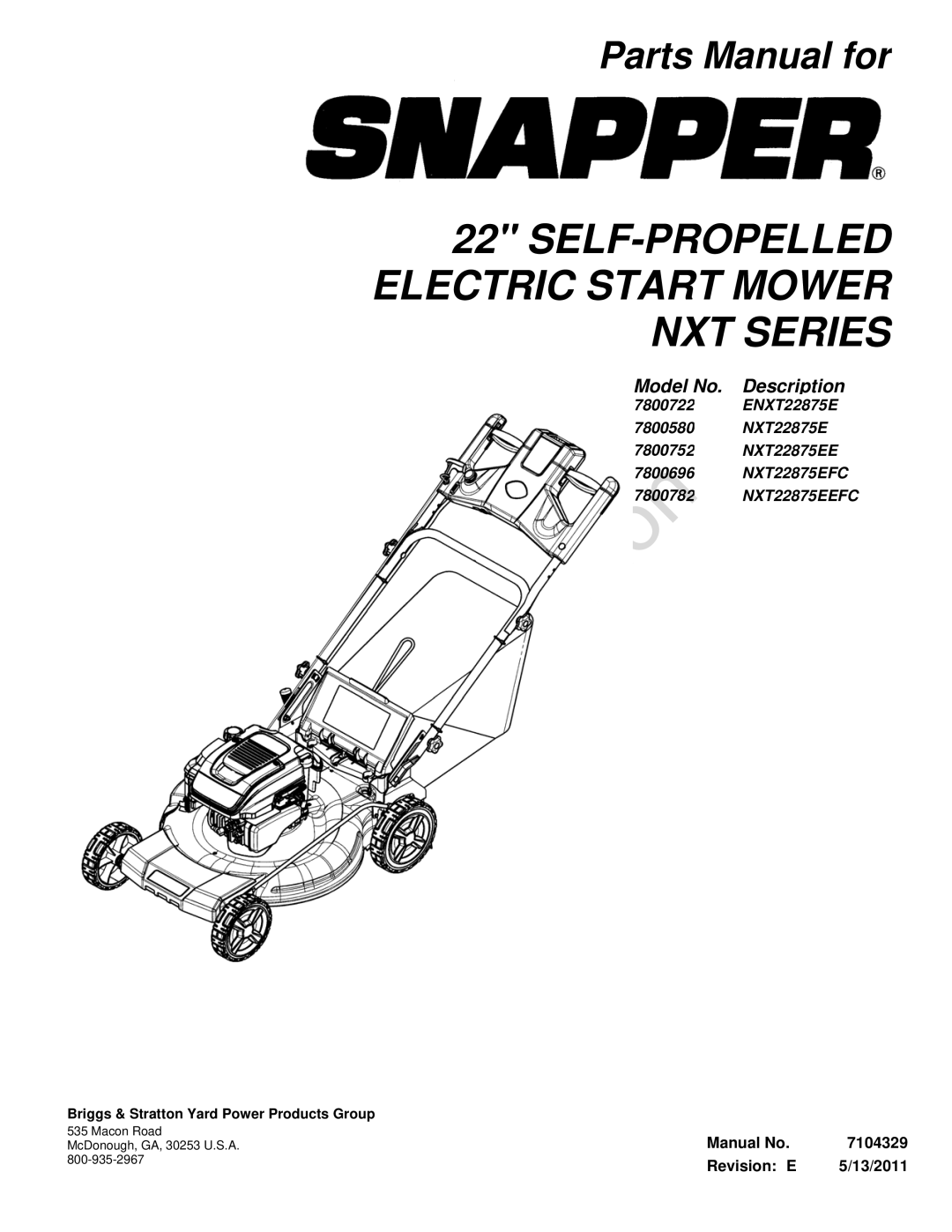 Briggs & Stratton 7800752, 7800580, 7800696, 7800722, 7800782 manual Reproduction 