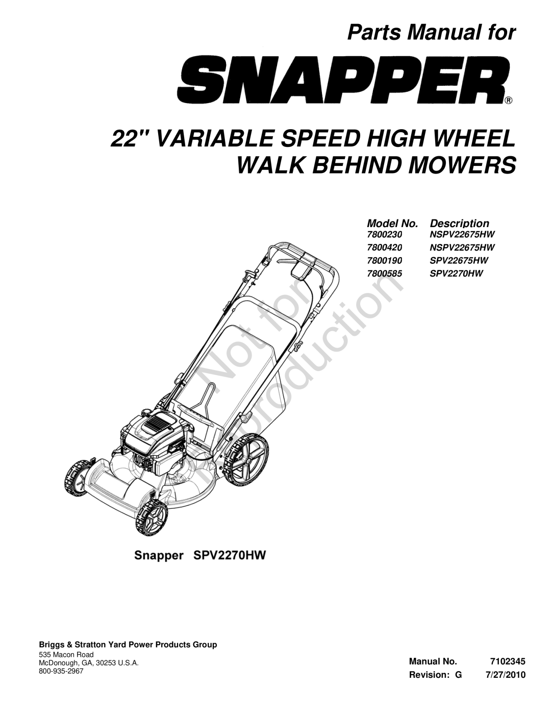 Briggs & Stratton 7800420, 7800585, 7800230, 7800190 manual Not 