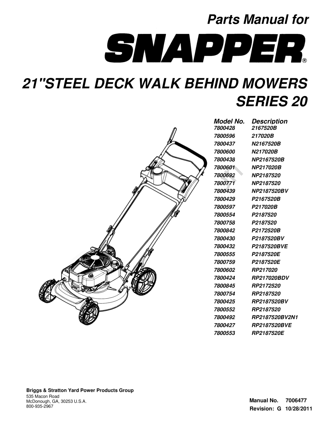 Briggs & Stratton 7800601, 7800600, 7800596, 7800554, 7800439, 7800597, 7800438, 7800437, 7800430, 7800429 manual Reproduction 