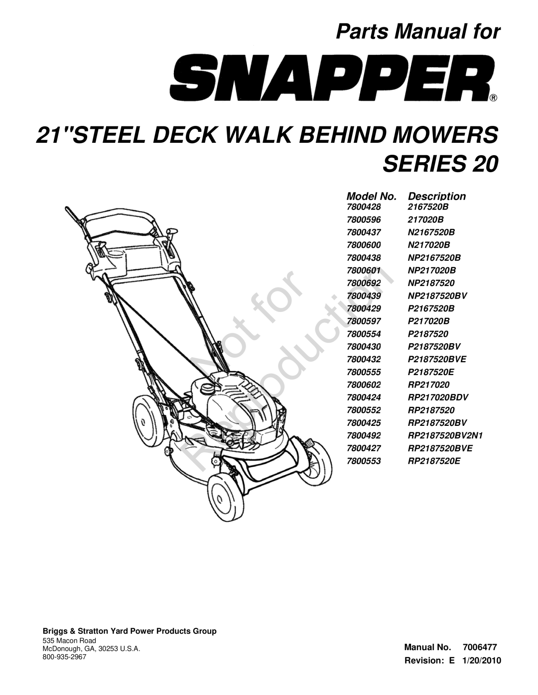 Briggs & Stratton 7800600, 7800602, 7800601, 7800596, 7800554, 7800439, 7800597, 7800438, 7800555, 7800437 manual Reproduction 